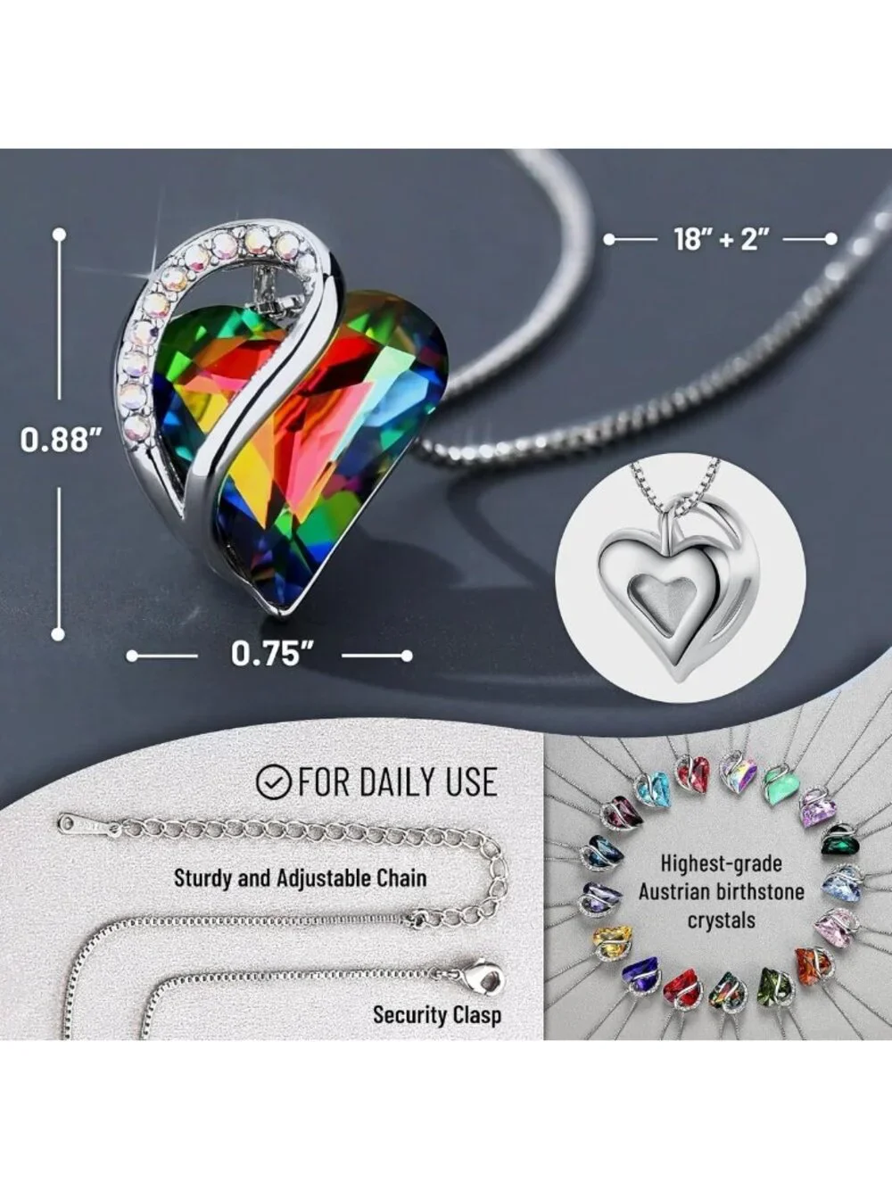 Infinity Love Birthstone Heart Crystal Pendant Necklace - Adjustable 18